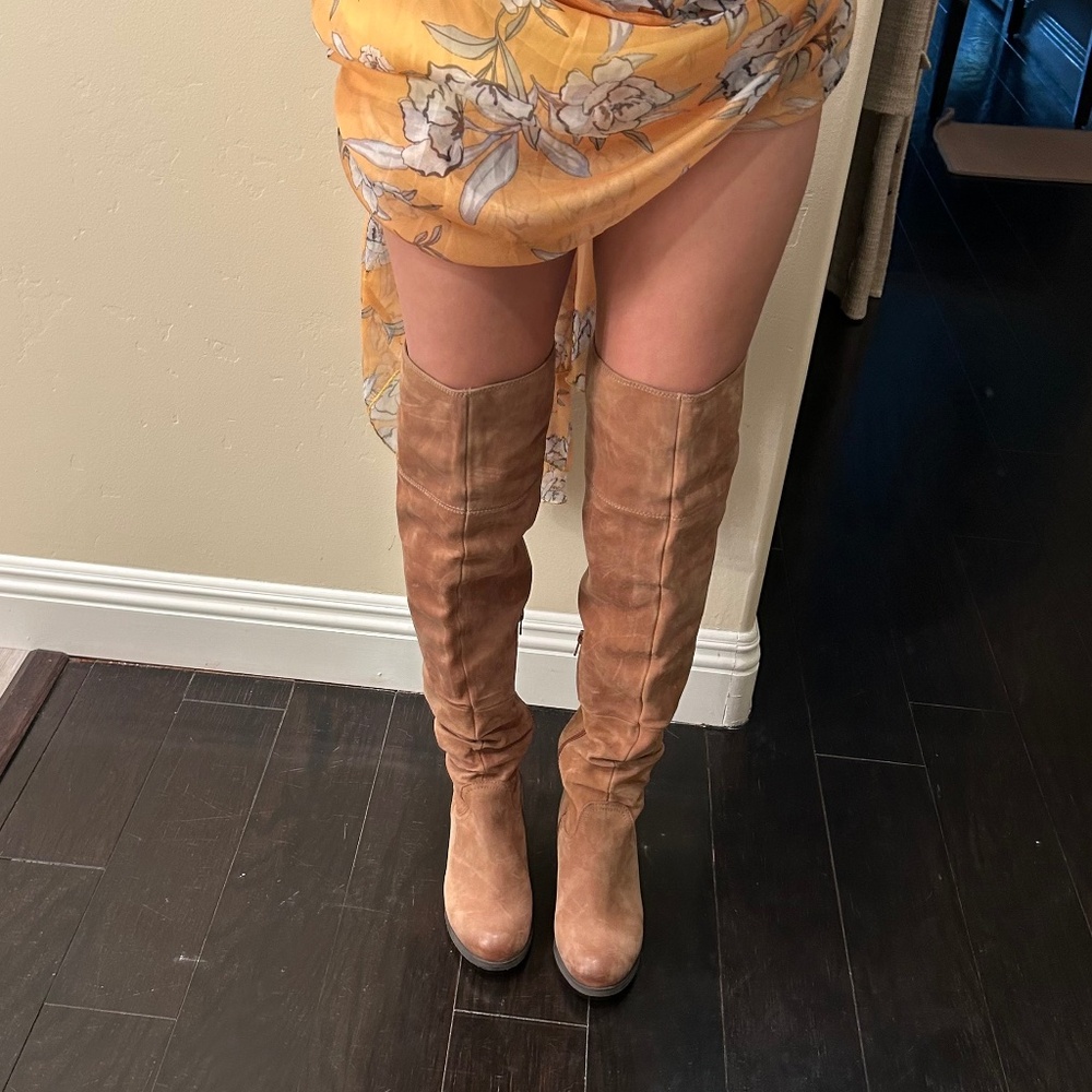 Aldo Tan Over The Knee Boots Faux Suede Block Heel Size US 7.5